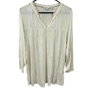 Boden Women's Casual Split Neckline Ivory Long Sleeve Trim Neckline Blouse